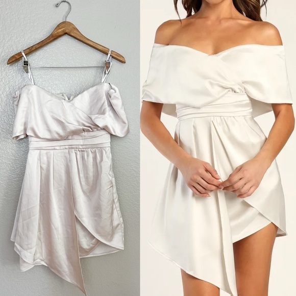 NWOT Always Celebrating Ivory Satin Off-the-Shoulder Mini Dress - Picture 1 of 8